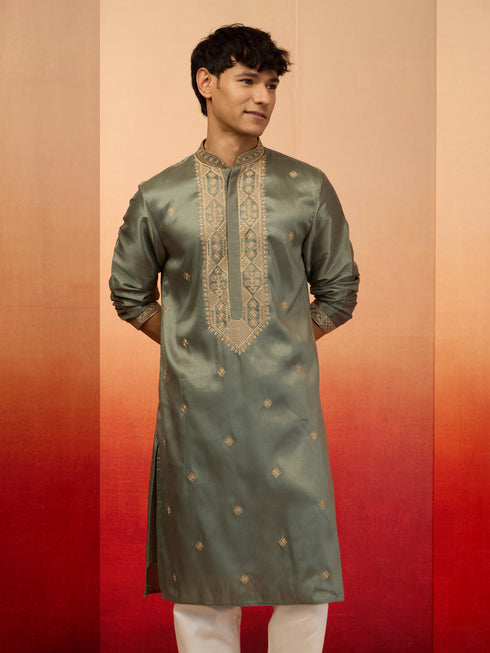 Men's Mint Green Resham Embroidered Silk Kurta